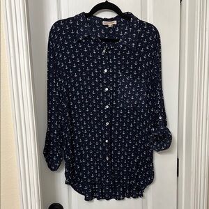Grand & Greene 3/4 navy blue anchor button up blouse size XL